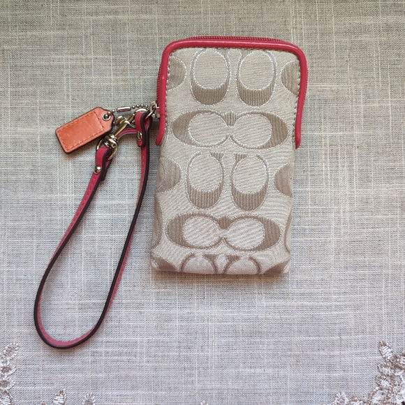 Coach Signature Small Canvas Beige/Pink Top Zip Wristlet - Picture 5 of 10